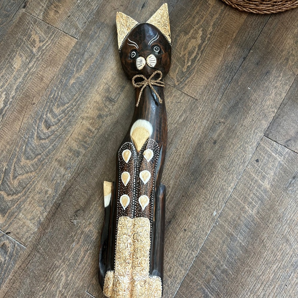 Vintage Hand Carved Wooden Cat Statue Tall Folk Art‎ Painted Brown Gold 15 inch